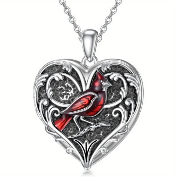 Heart Cardinal Pendant Necklace Red Bird Filigree New Gift Heaven Memorial - Picture 3 of 4